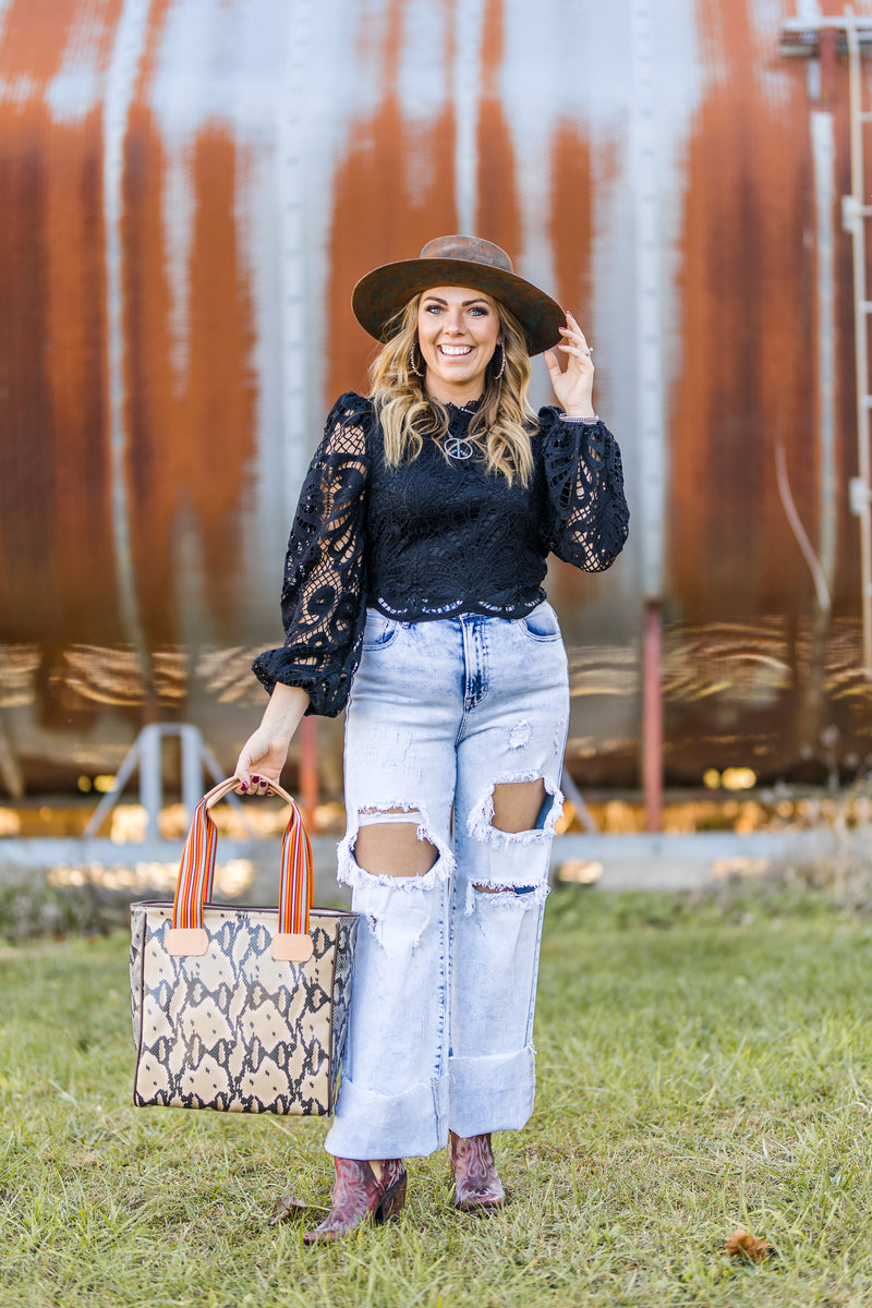 Black Crop Lace L/S Top with Zipper Back