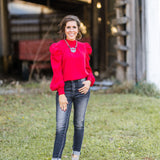 Deep Red L/S Blouse with Tie Back