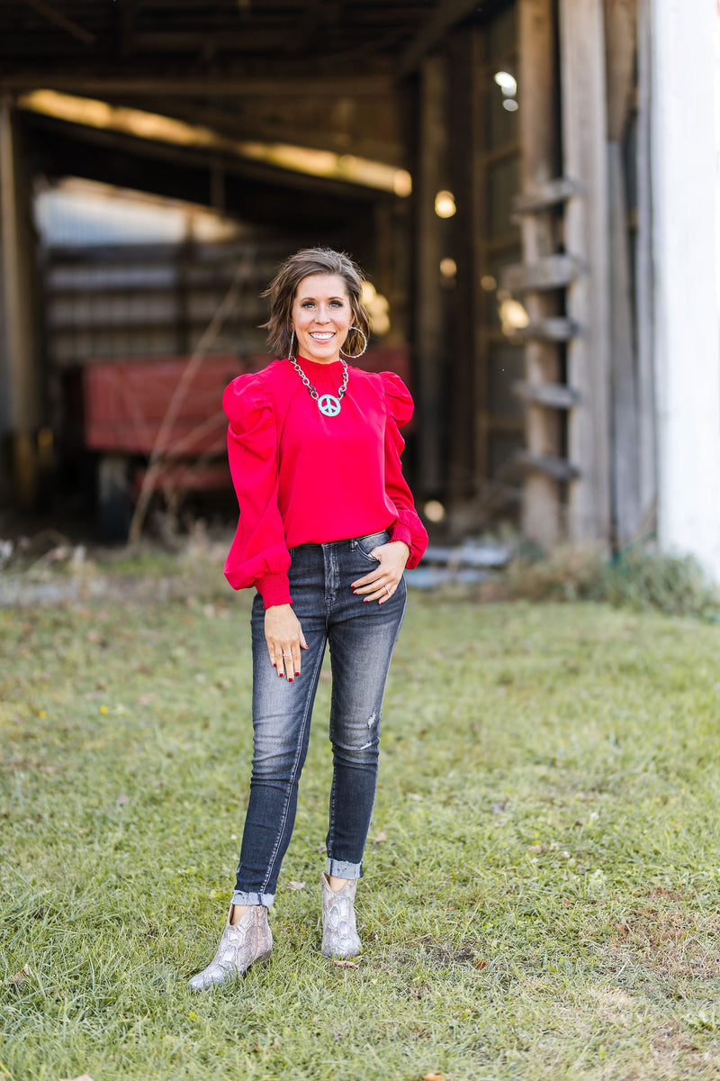 Deep Red L/S Blouse with Tie Back