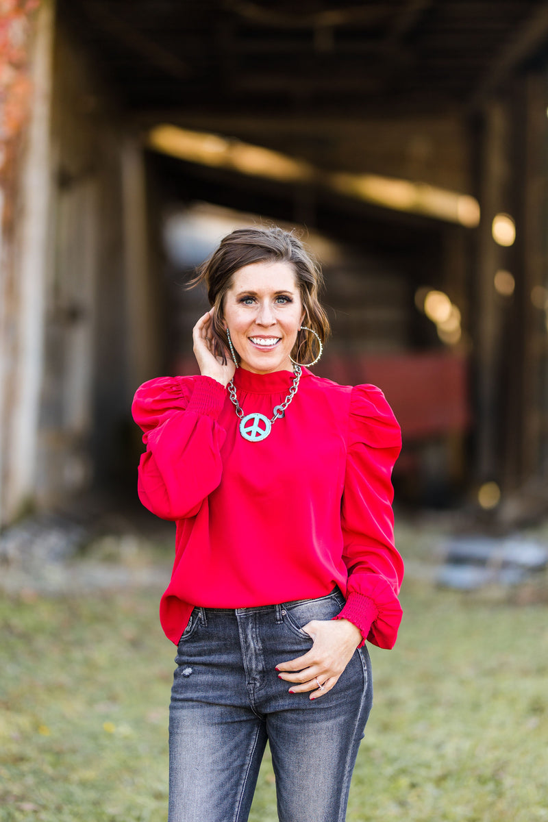 Deep Red L/S Blouse with Tie Back