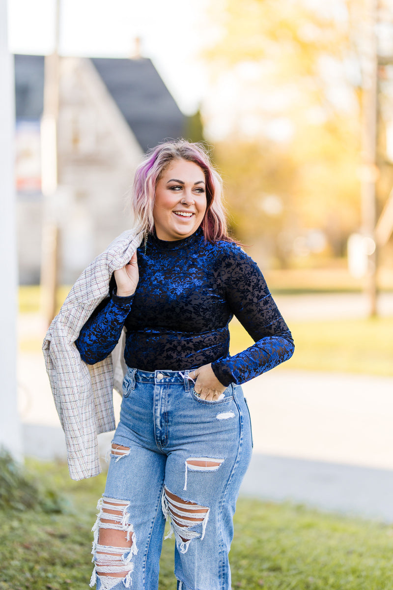 Blue + Black Velvet Burnout Bodysuit