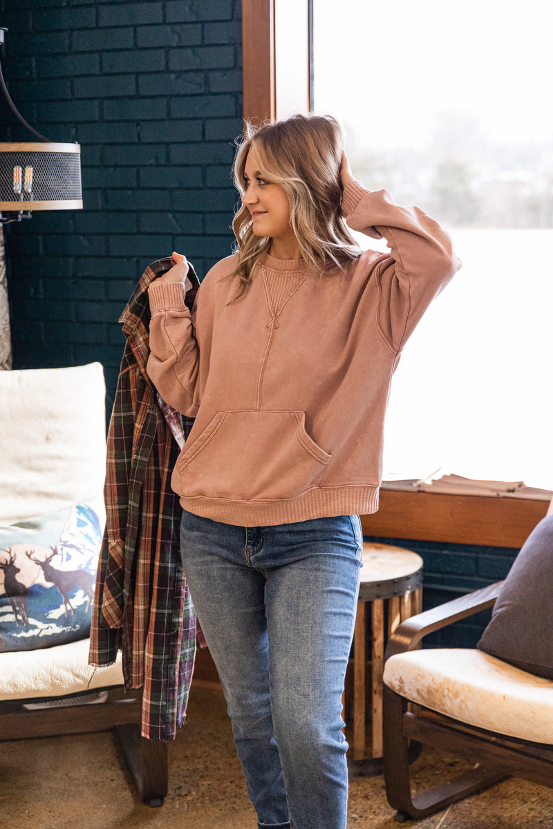 Misty Berry Long Sleeve Garmet Washed Knit Sweatshirt