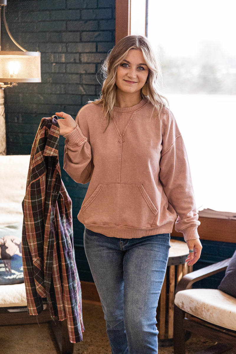 Misty Berry Long Sleeve Garmet Washed Knit Sweatshirt