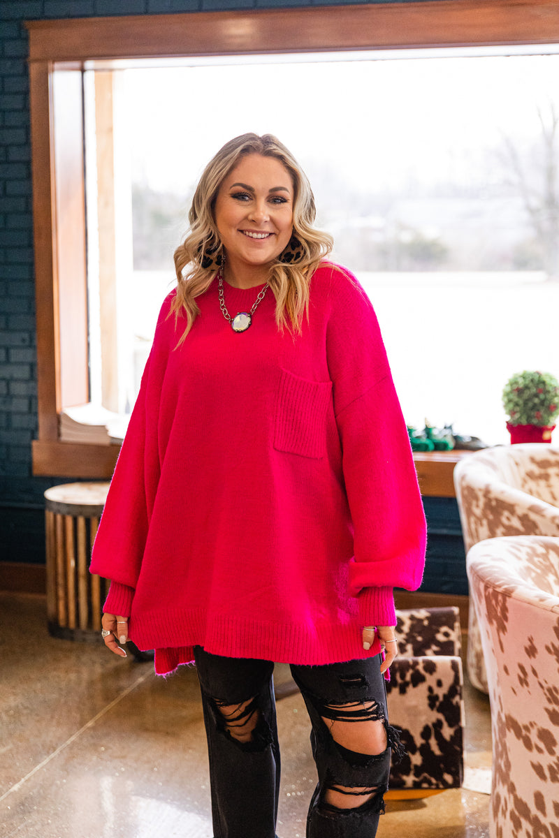 Hot Pink Oversized Bubble Sleeve Pocket Pullover