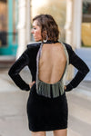 Black Velvet Waterfall Rhinestone Back Dress