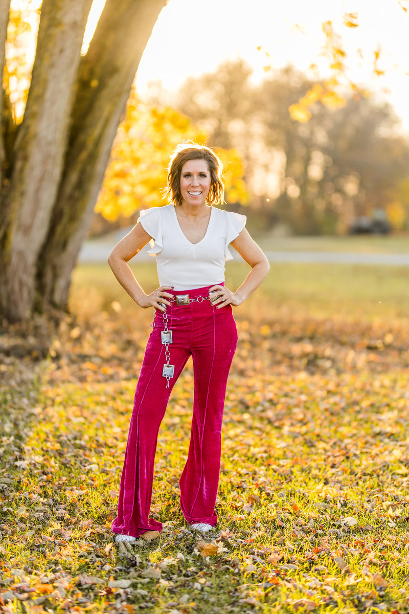 Fuchsia High Waist Flare Velvet Pants