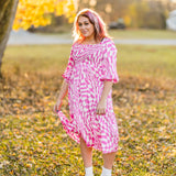Hot Pink Geo Print Smocked Dress