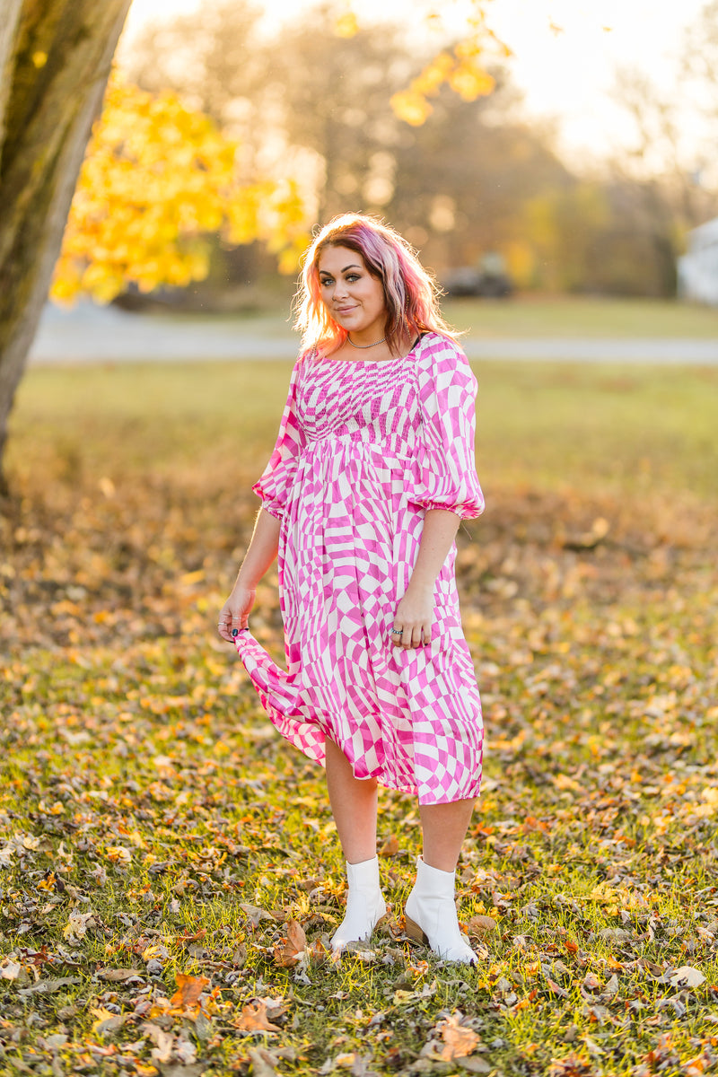 Hot Pink Geo Print Smocked Dress