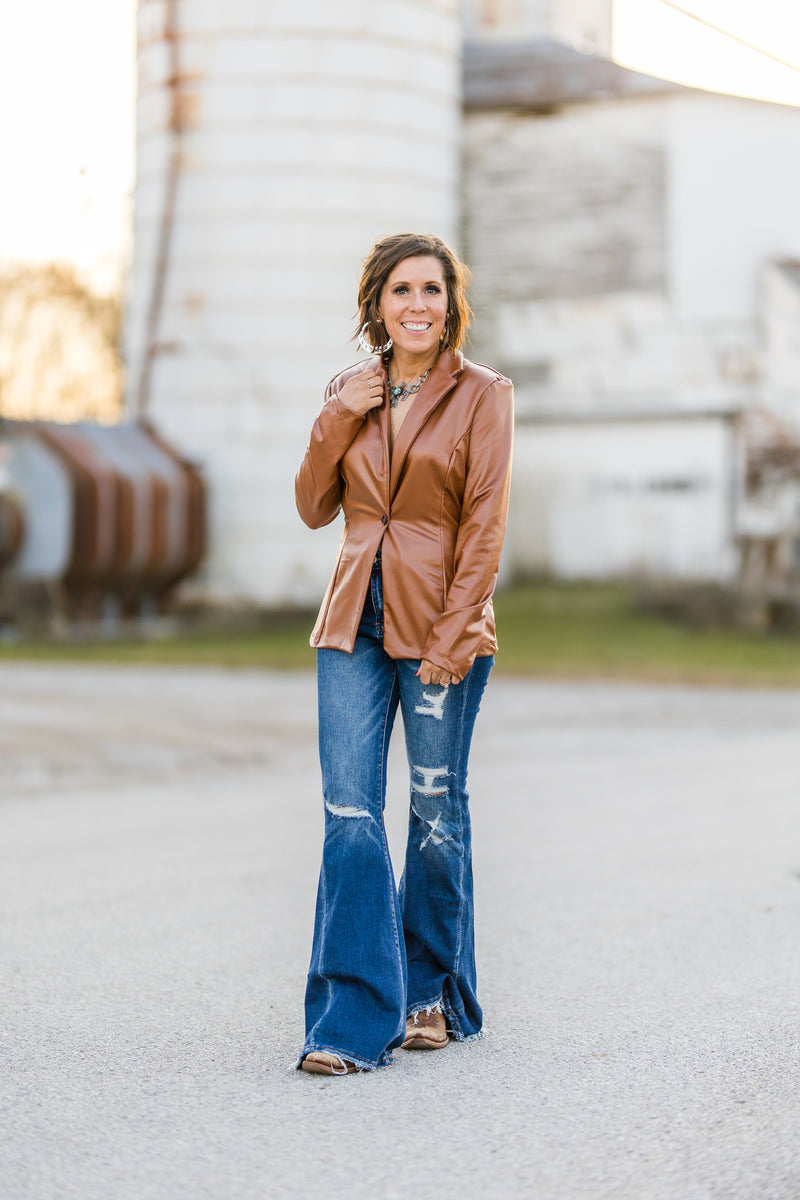 Camel Faux Leather Stretch Blazer