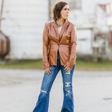 Camel Faux Leather Stretch Blazer