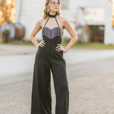 Black Rhinestone Trim Zipper Back Jumpsuit