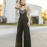 Black Rhinestone Trim Zipper Back Jumpsuit