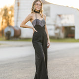 Black Rhinestone Trim Zipper Back Jumpsuit