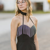 Black Rhinestone Trim Zipper Back Jumpsuit