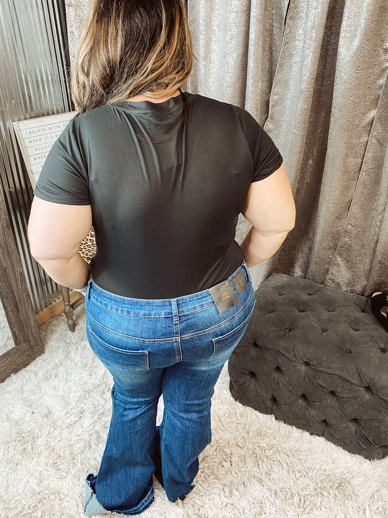 Black V Neck Short Sleeve Body Suit