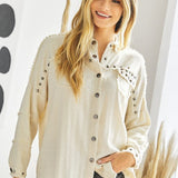 Cream Rivet Embellished Lightweight Button Front