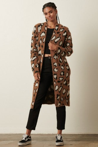 Mocha Animal Print Eyelash Knit Sweater Cardigan