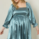 Sea Satin Square Neck 3/4 Sleeve Dress