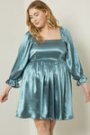 Sea Satin Square Neck 3/4 Sleeve Dress