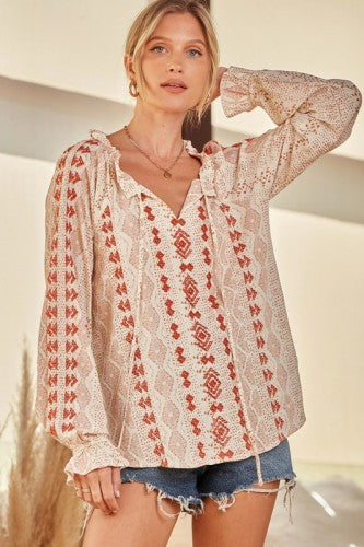 Rust + Ivory Boho Aztec Embroidered L/S
