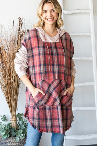 Berry Mineral Wash Long Plaid Hoodie