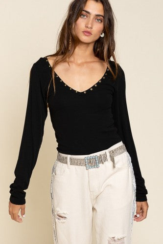 Black Rib L/S with Stud Detail