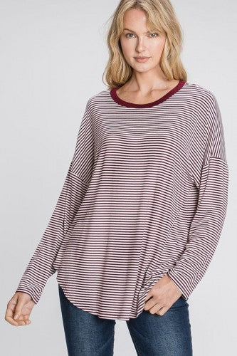 Burgundy Stripe Drop Shoulder L/S Tee