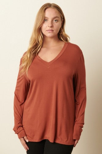 Rusty Hazelnut Bamboo V Neck L/S Top