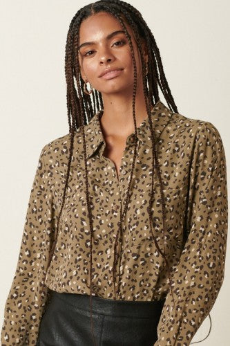 Olive Animal Print L/S Button Front Shirt