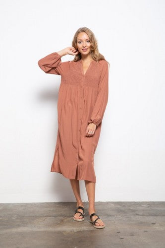 Clay Smock Front Button Down Dress