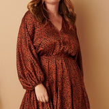 Rust Satin Animal Print Dress with Elastic Waist