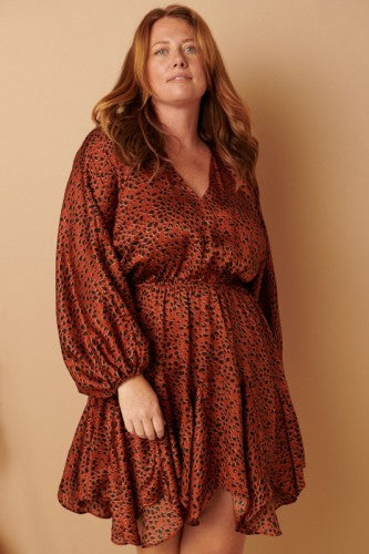 Rust Satin Animal Print Dress with Elastic Waist