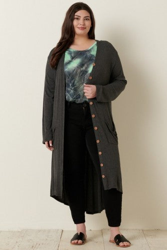 Charcoal Thermal Long Cardigan with Wood Buttons