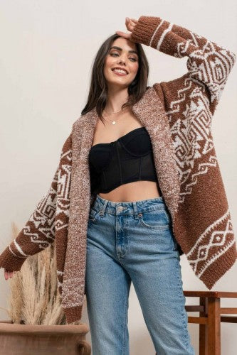 Mocha Multi Tribal Print Cardigan