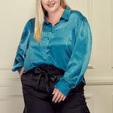 Teal Blue Button Front Satin L/S Blouse