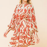 Ivory + Brick Mix Printed Dress with Peasant Sleeve