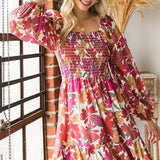 Long Sleeve Floral Print Smocked Square Neckline Dress
