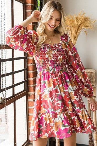 Long Sleeve Floral Print Smocked Square Neckline Dress