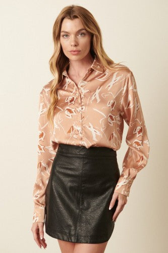 Rust Watercolor Floral Button Front Satin Shirt