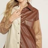 Camel Combo Colorblock Faux Leather Shacket