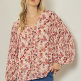 Mauve + Rust Multi Floral V Neck with Pleated Sleeve