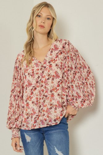 Mauve + Rust Multi Floral V Neck with Pleated Sleeve