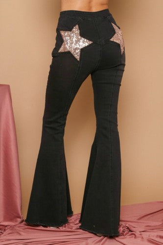 Black Sequin Star Contrast Flare Denim