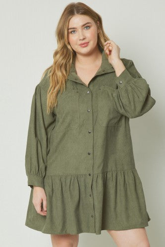 Olive Mini Rib Button Down Dress with Tiered Hem