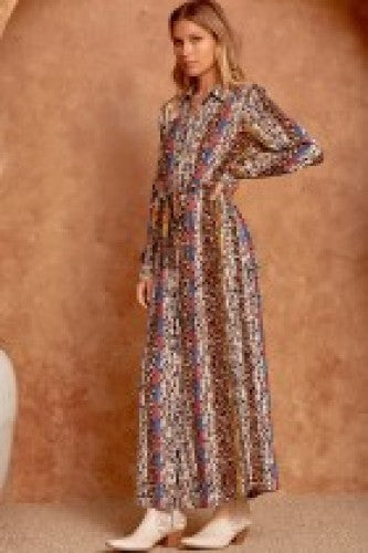 Leo + Embroidered Mix Long Dress with Waist Tie