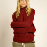 Wine Turtleneck Drop Shoulder Woven Sweater
