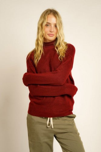 Wine Turtleneck Drop Shoulder Woven Sweater