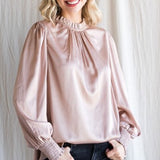 Champagne Satin Smocked Neck Blouse