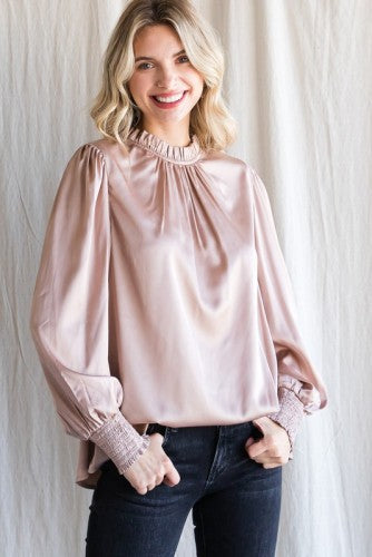 Champagne Satin Smocked Neck Blouse