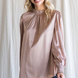 Champagne Satin Smocked Neck Blouse